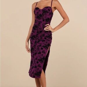 Lulus Purple Mesh Velvet Ruched Bodycon Midi Dress